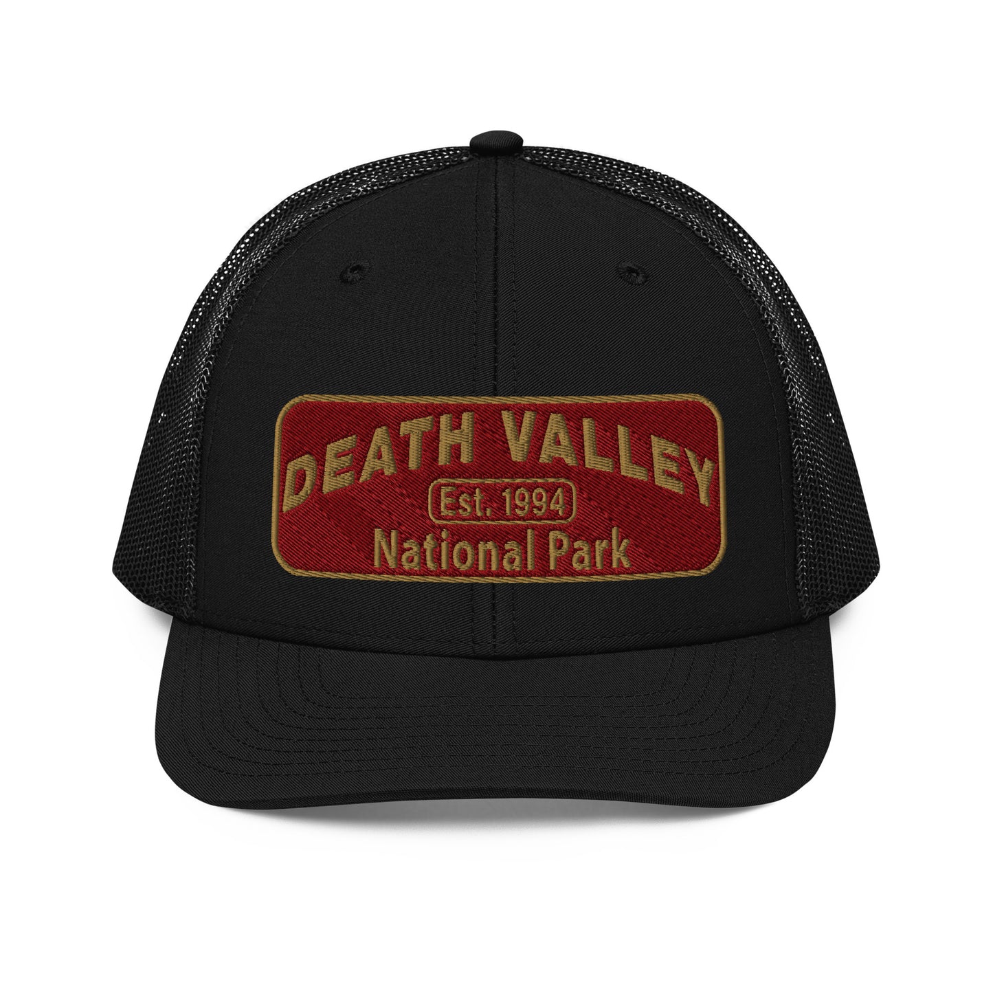 Death Valley National Park Hat - Maroon and Gold embroidered national park patch - Richardson 112 Trucker Hat - Front View - Color: Black/Charcoal