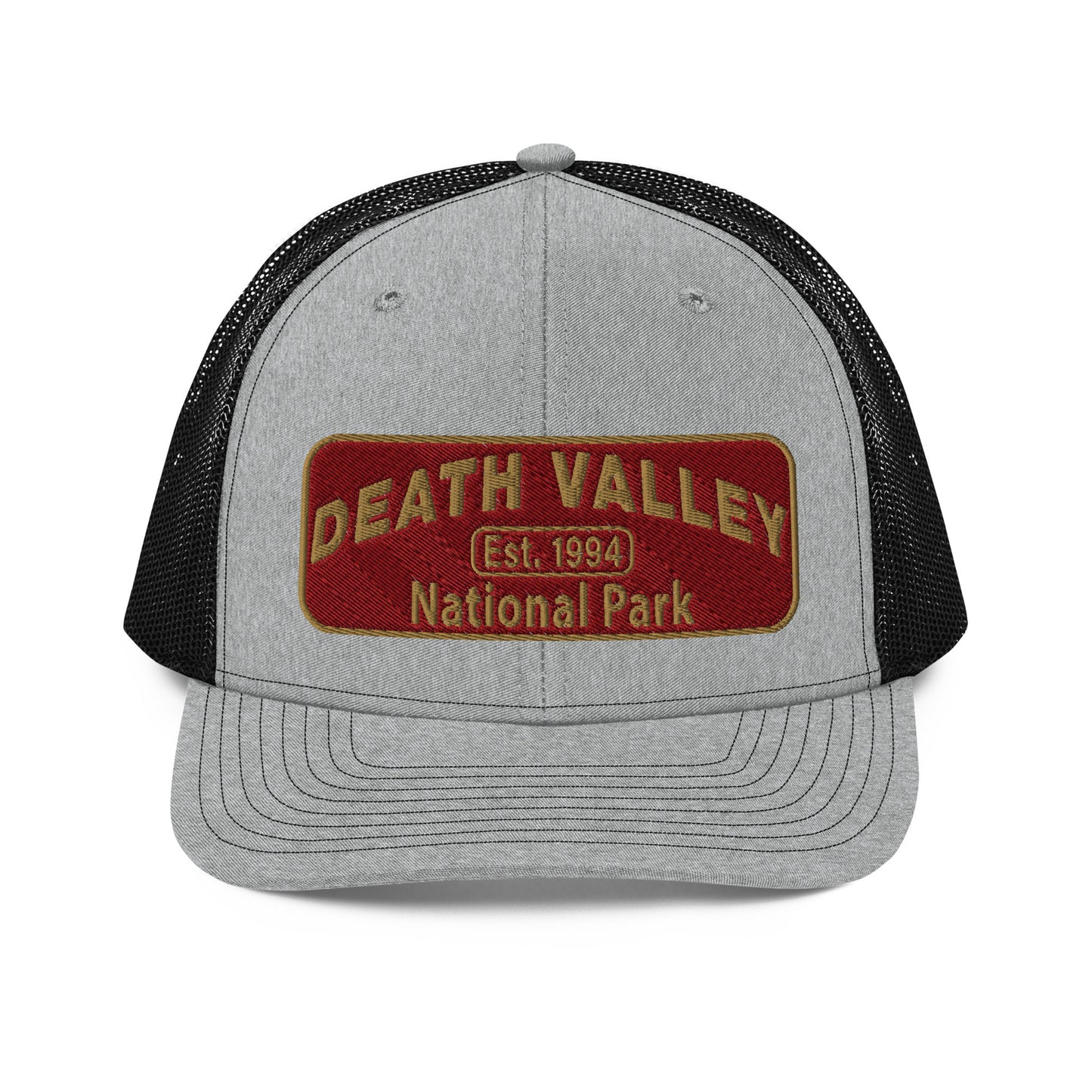 Death Valley National Park Hat - Maroon and Gold embroidered national park patch - Richardson 112 Trucker Hat - Front View - Color: Heather/Black