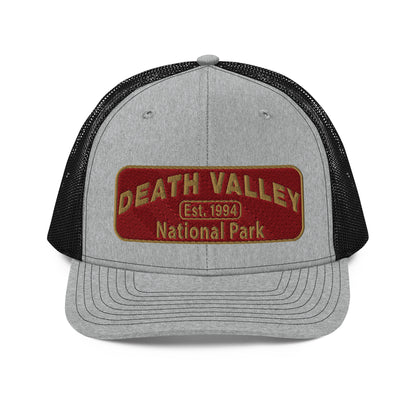Death Valley National Park Hat - Maroon and Gold embroidered national park patch - Richardson 112 Trucker Hat - Front View - Color: Heather/Black