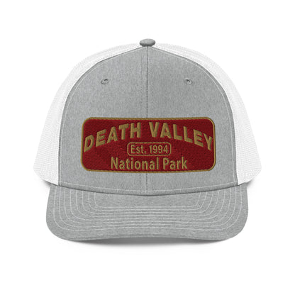 Death Valley National Park Hat - Maroon and Gold embroidered national park patch - Richardson 112 Trucker Hat - Front View - Color: Heather/White