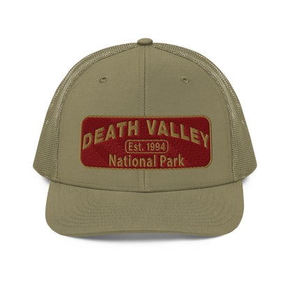 Death Valley National Park Hat - Maroon and Gold embroidered national park patch - Richardson 112 Trucker Hat - Front View - Color: Heather/White