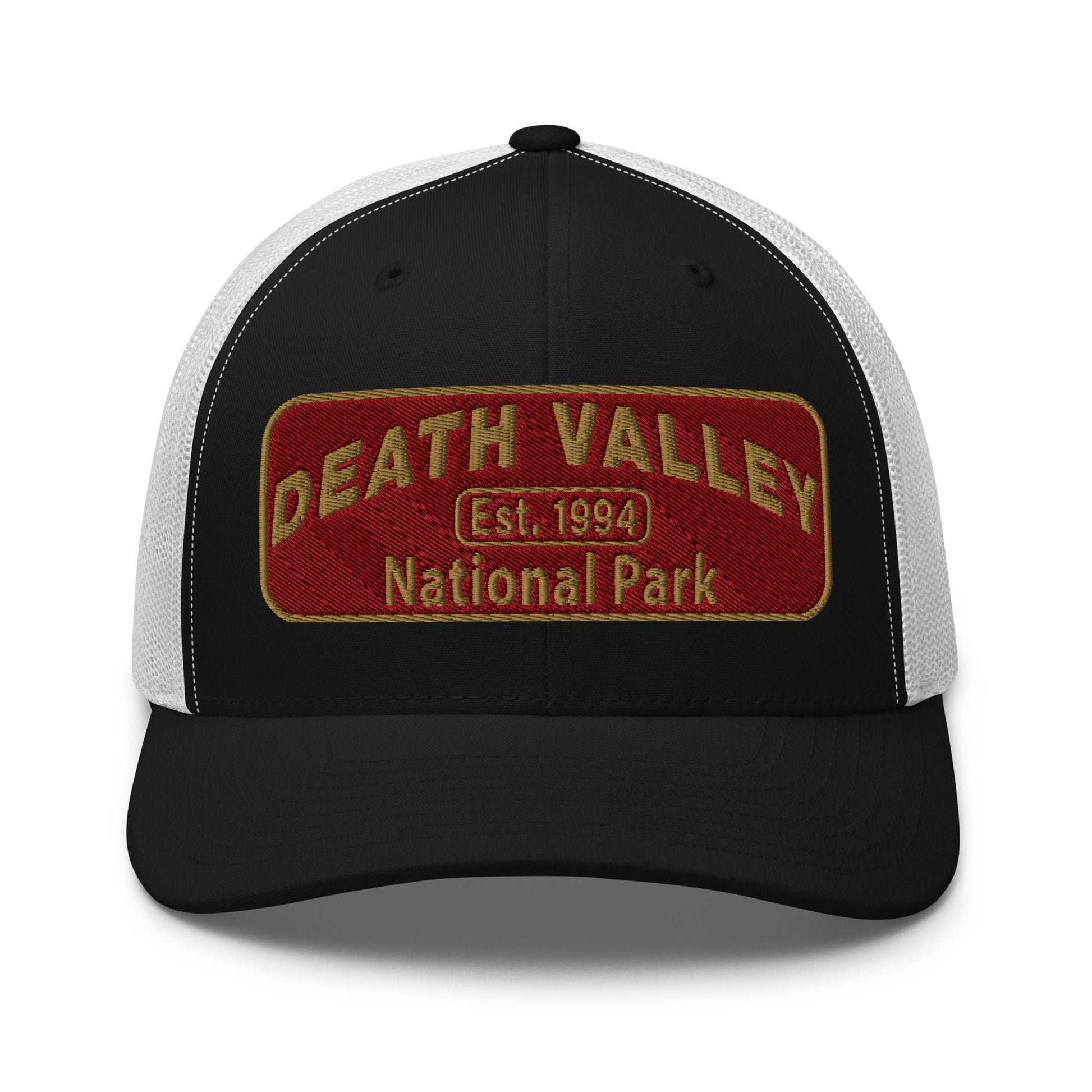 Death Valley National Park Hat - Maroon and Gold embroidered national park patch - Yupoong 6606 Trucker Hat - Front View - Color: Caramel