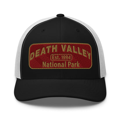 Death Valley National Park Hat - Maroon and Gold embroidered national park patch - Yupoong 6606 Trucker Hat - Front View - Color: Caramel