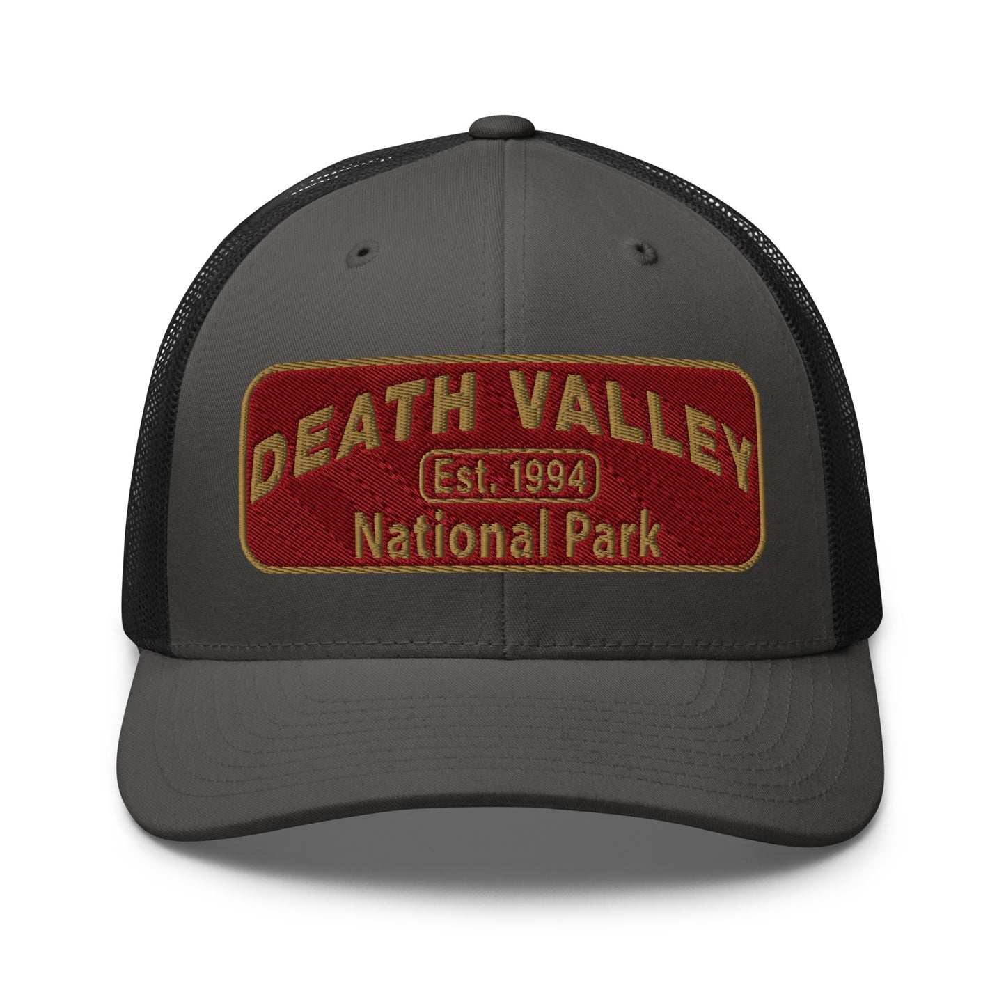 Death Valley National Park Hat - Maroon and Gold embroidered national park patch - Yupoong 6606 Trucker Hat - Front View - Color: Charcoal/Black