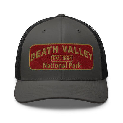 Death Valley National Park Hat - Maroon and Gold embroidered national park patch - Yupoong 6606 Trucker Hat - Front View - Color: Charcoal/Black