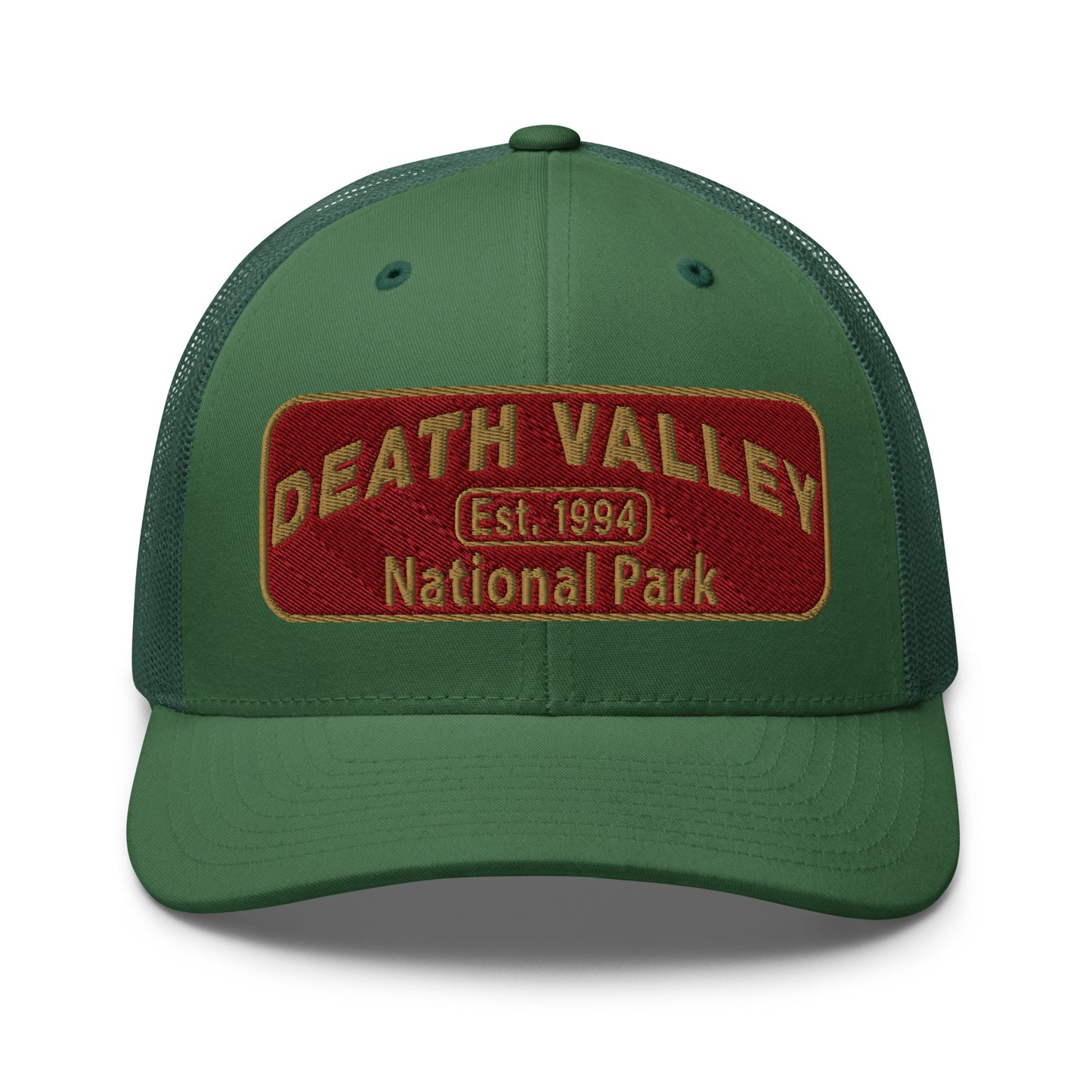 Death Valley National Park Hat - Maroon and Gold embroidered national park patch - Yupoong 6606 Trucker Hat - Front View - Color: Evergreen
