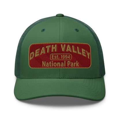 Death Valley National Park Hat - Maroon and Gold embroidered national park patch - Yupoong 6606 Trucker Hat - Front View - Color: Evergreen