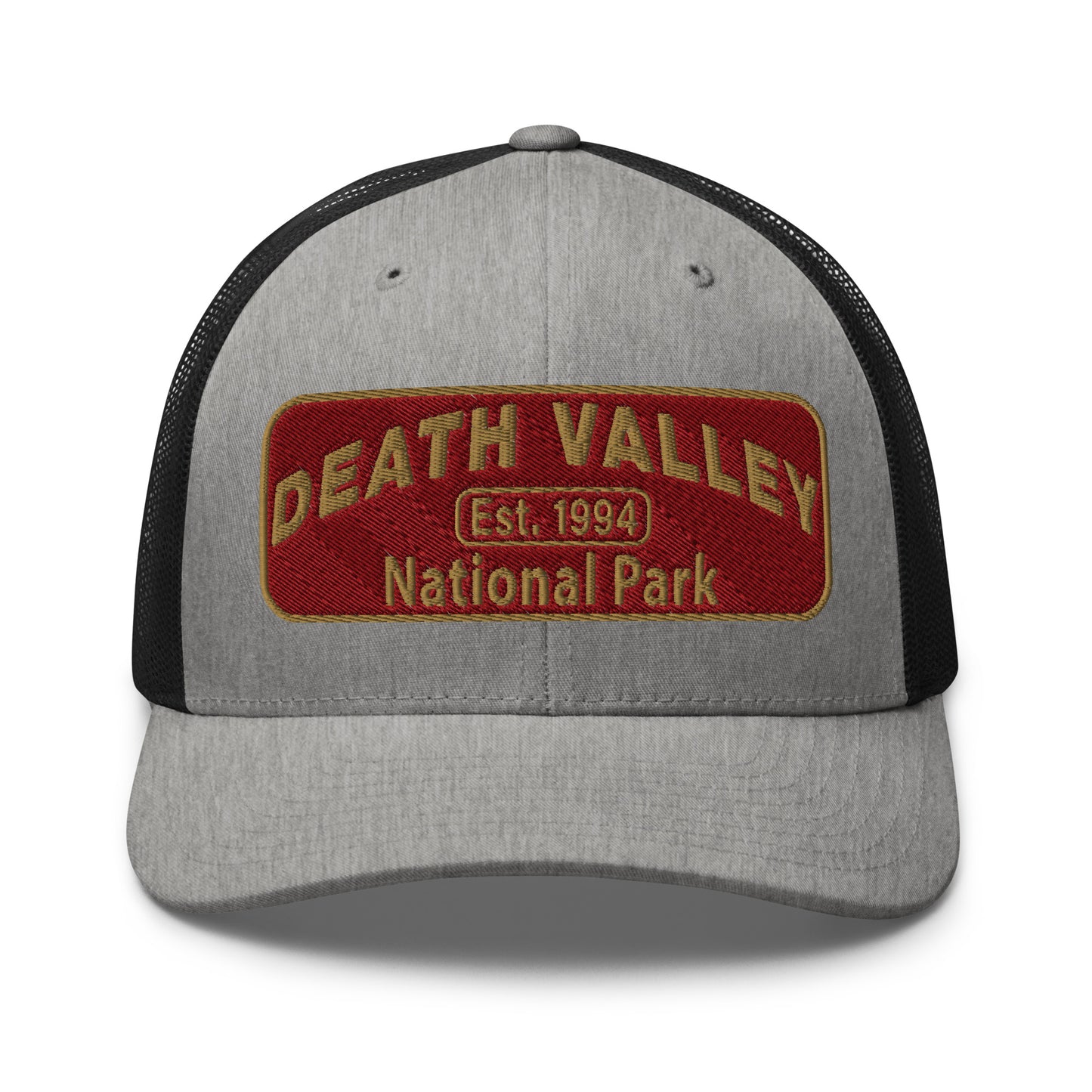 Death Valley National Park Hat - Maroon and Gold embroidered national park patch - Yupoong 6606 Trucker Hat - Front View - Color: Heather/Black