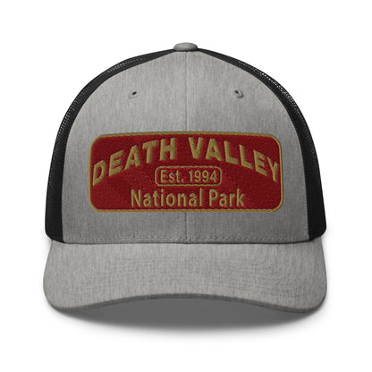 Death Valley National Park Hat - Maroon and Gold embroidered national park patch - Yupoong 6606 Trucker Hat - Front View - Color: Heather/Black