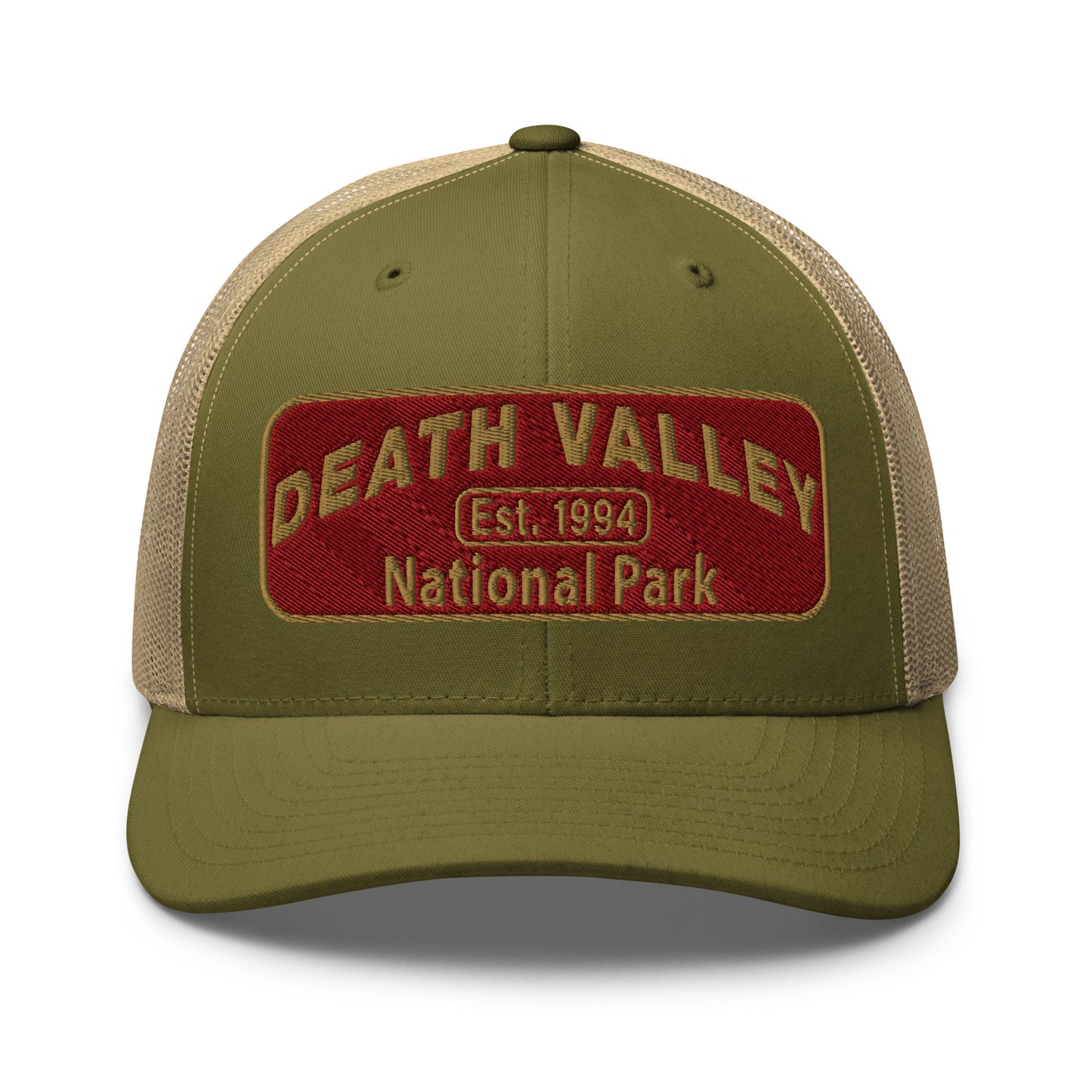 Death Valley National Park Hat - Maroon and Gold embroidered national park patch - Yupoong 6606 Trucker Hat - Front View - Color: Moss Green/Khaki