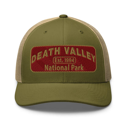 Death Valley National Park Hat - Maroon and Gold embroidered national park patch - Yupoong 6606 Trucker Hat - Front View - Color: Moss Green/Khaki