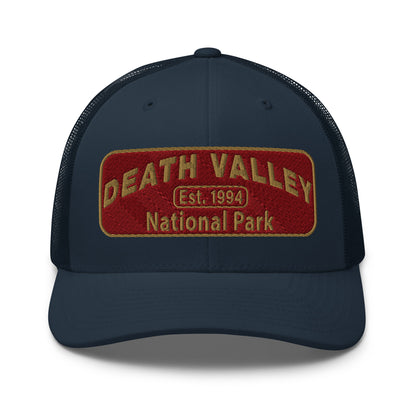 Death Valley National Park Hat - Maroon and Gold embroidered national park patch - Yupoong 6606 Trucker Hat - Front View - Color: Navy