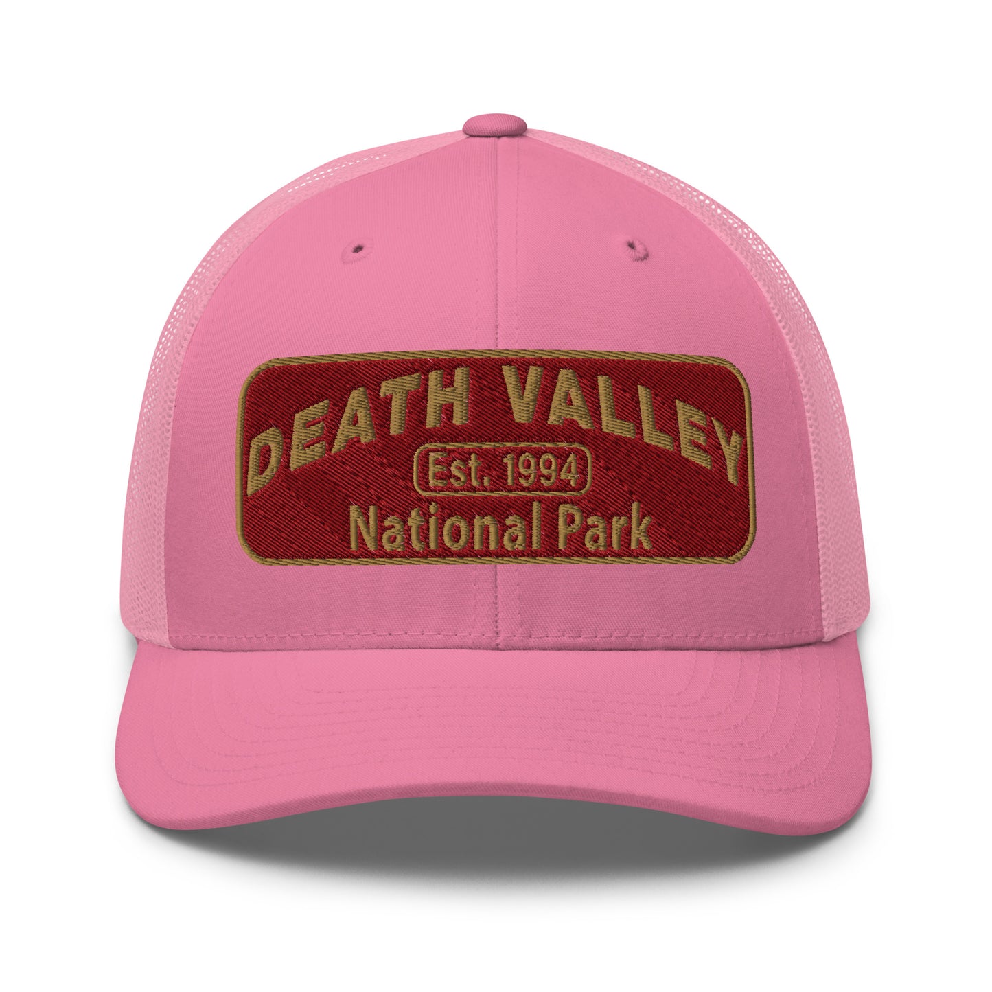 Death Valley National Park Hat - Maroon and Gold embroidered national park patch - Yupoong 6606 Trucker Hat - Front View - Color: Pink