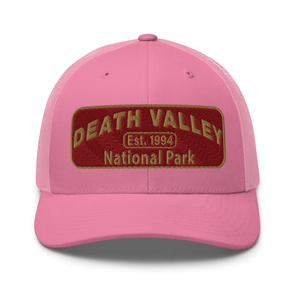 Death Valley National Park Hat - Maroon and Gold embroidered national park patch - Yupoong 6606 Trucker Hat - Front View - Color: Pink