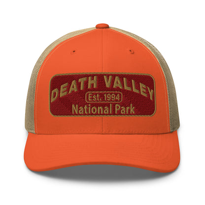 Death Valley National Park Hat - Maroon and Gold embroidered national park patch - Yupoong 6606 Trucker Hat - Front View - Color: Orange/Khaki