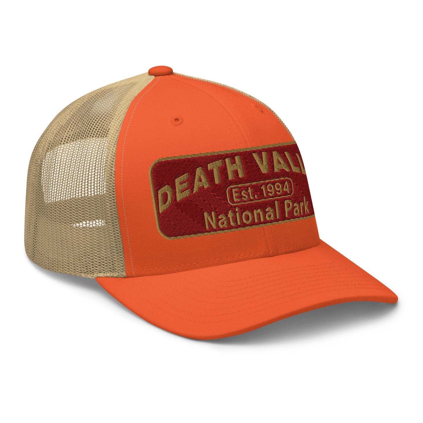 Death Valley National Park Hat - Maroon and Gold embroidered national park patch - Yupoong 6606 Trucker Hat - Side View - Color: Orange/Khaki