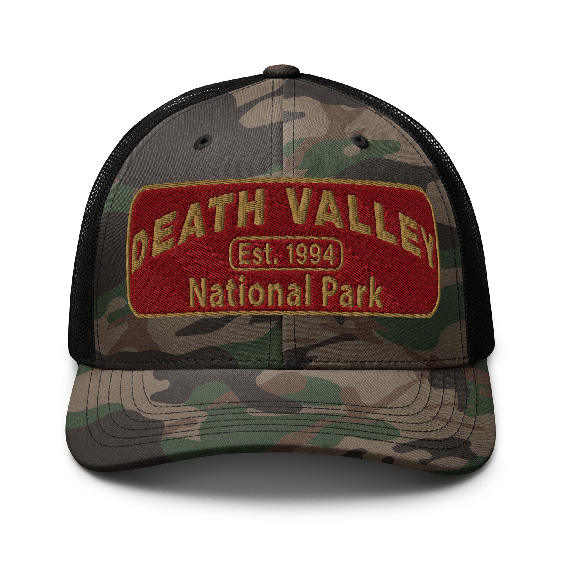 Death Valley National Park Camo Hat - Maroon and Gold embroidered national park patch - Otto 105-1247 Trucker Hat - Front View - Color: Camo/Black