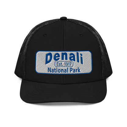Denali National Park Hat - White Blue Embroidered Denali Park Logo - Richardson 112 Trucker Hat - Front View - Color: Black