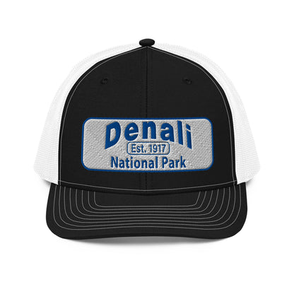 Denali National Park Hat - White Blue Embroidered Denali Park Logo - Richardson 112 Trucker Hat - Front View - Color: Black/White