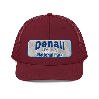 Denali National Park Hat - White Blue Embroidered Denali Park Logo - Richardson 112 Trucker Hat - Front View - Color: Cardinal