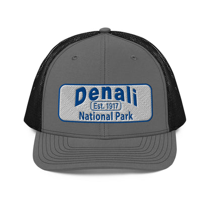 Denali National Park Hat - White Blue Embroidered Denali Park Logo - Richardson 112 Trucker Hat - Front View - Color: Charcoal/Black