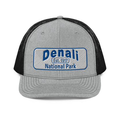 Denali National Park Hat - White Blue Embroidered Denali Park Logo - Richardson 112 Trucker Hat - Front View - Color: Heather/Black