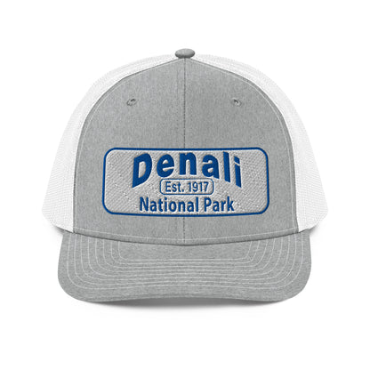 Denali National Park Hat - White Blue Embroidered Denali Park Logo - Richardson 112 Trucker Hat - Front View - Color: Heather/White