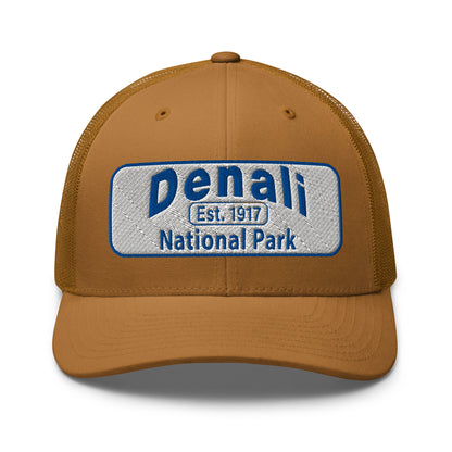 Denali National Park Hat - White Blue Embroidered Denali Park Logo - Yupoong 6606 Trucker Hat - Front View - Color: Caramel