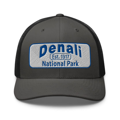 Denali National Park Hat - White Blue Embroidered Denali Park Logo - Yupoong 6606 Trucker Hat - Front View - Color: Charcoal/Black