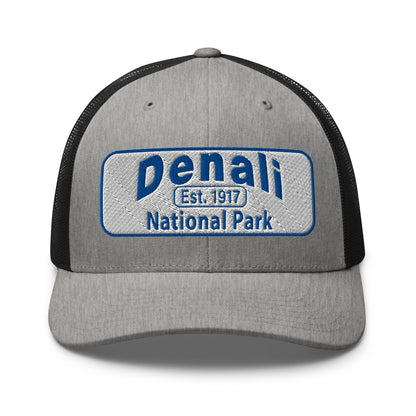 Denali National Park Hat - White Blue Embroidered Denali Park Logo - Yupoong 6606 Trucker Hat - Front View - Color: Heather/Black