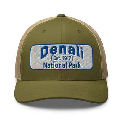 Denali National Park Hat - White Blue Embroidered Denali Park Logo - Yupoong 6606 Trucker Hat - Front View - Color: Heather/Black