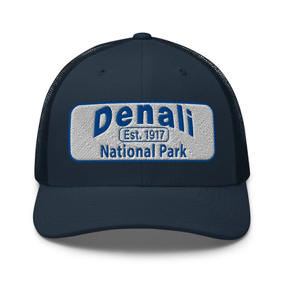 Denali National Park Hat - White Blue Embroidered Denali Park Logo - Yupoong 6606 Trucker Hat - Front View - Color: Navy