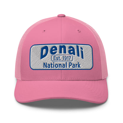 Denali National Park Hat - White Blue Embroidered Denali Park Logo - Yupoong 6606 Trucker Hat - Front View - Color: Pink