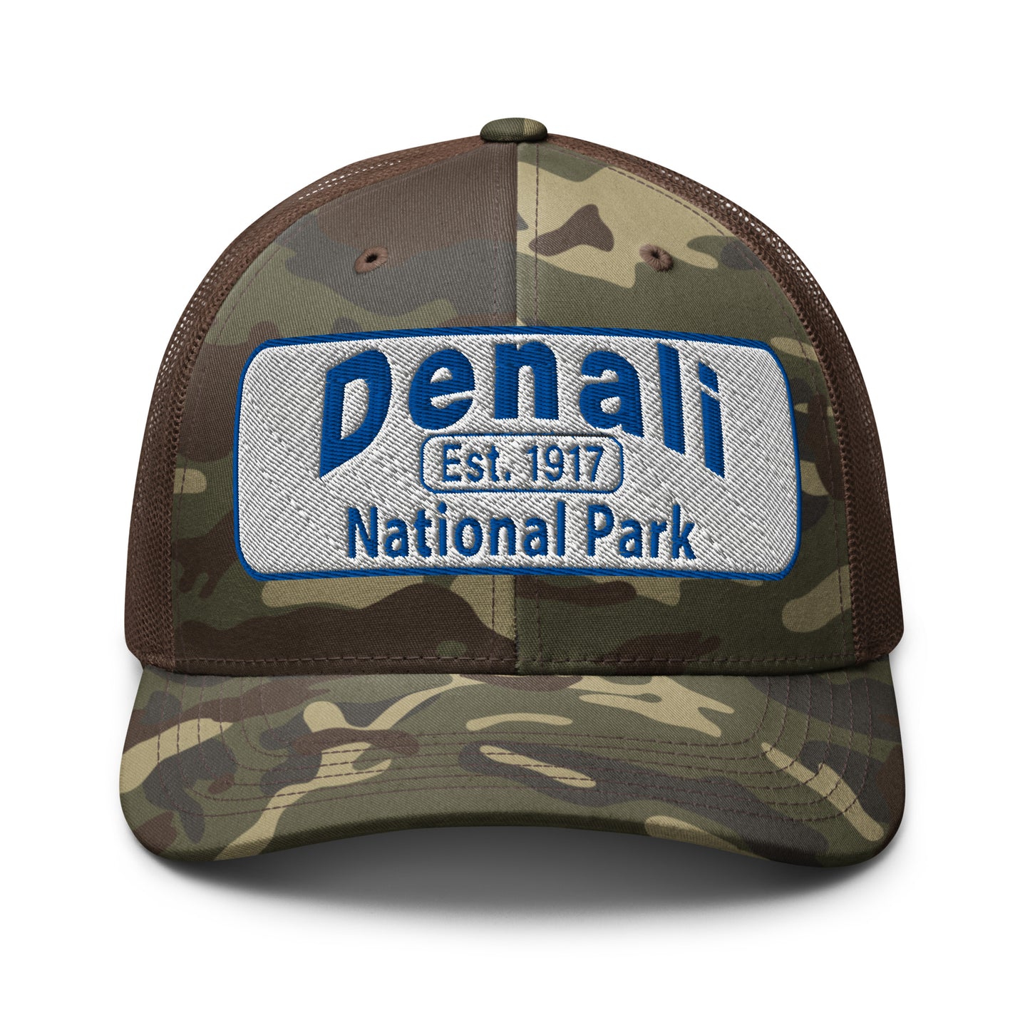 Denali National Park Camo Hat - White Blue Embroidered Denali Park Logo - Otto 105-1247 Trucker Hat - Front View - Color: Camo/Brown