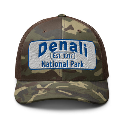 Denali National Park Camo Hat - White Blue Embroidered Denali Park Logo - Otto 105-1247 Trucker Hat - Front View - Color: Camo/Brown