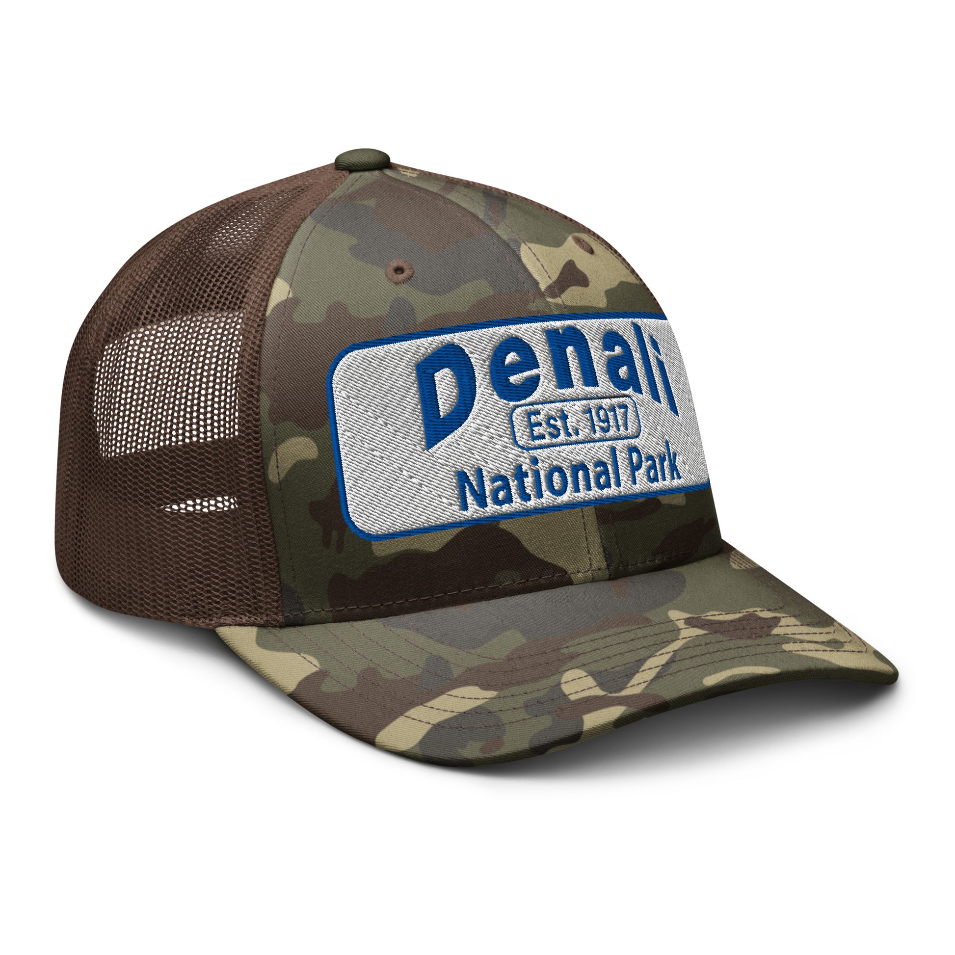 Denali National Park Camo Hat - White Blue Embroidered Denali Park Logo - Otto 105-1247 Trucker Hat - Side View - Color: Camo/Brown