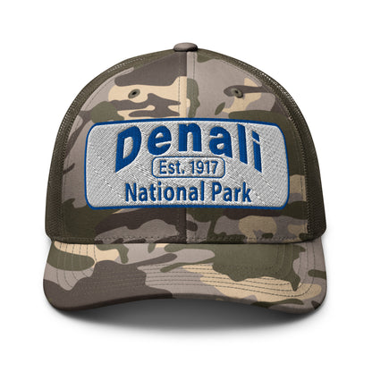 Denali National Park Camo Hat - White Blue Embroidered Denali Park Logo - Otto 105-1247 Trucker Hat - Front View - Color: Camo/Brown