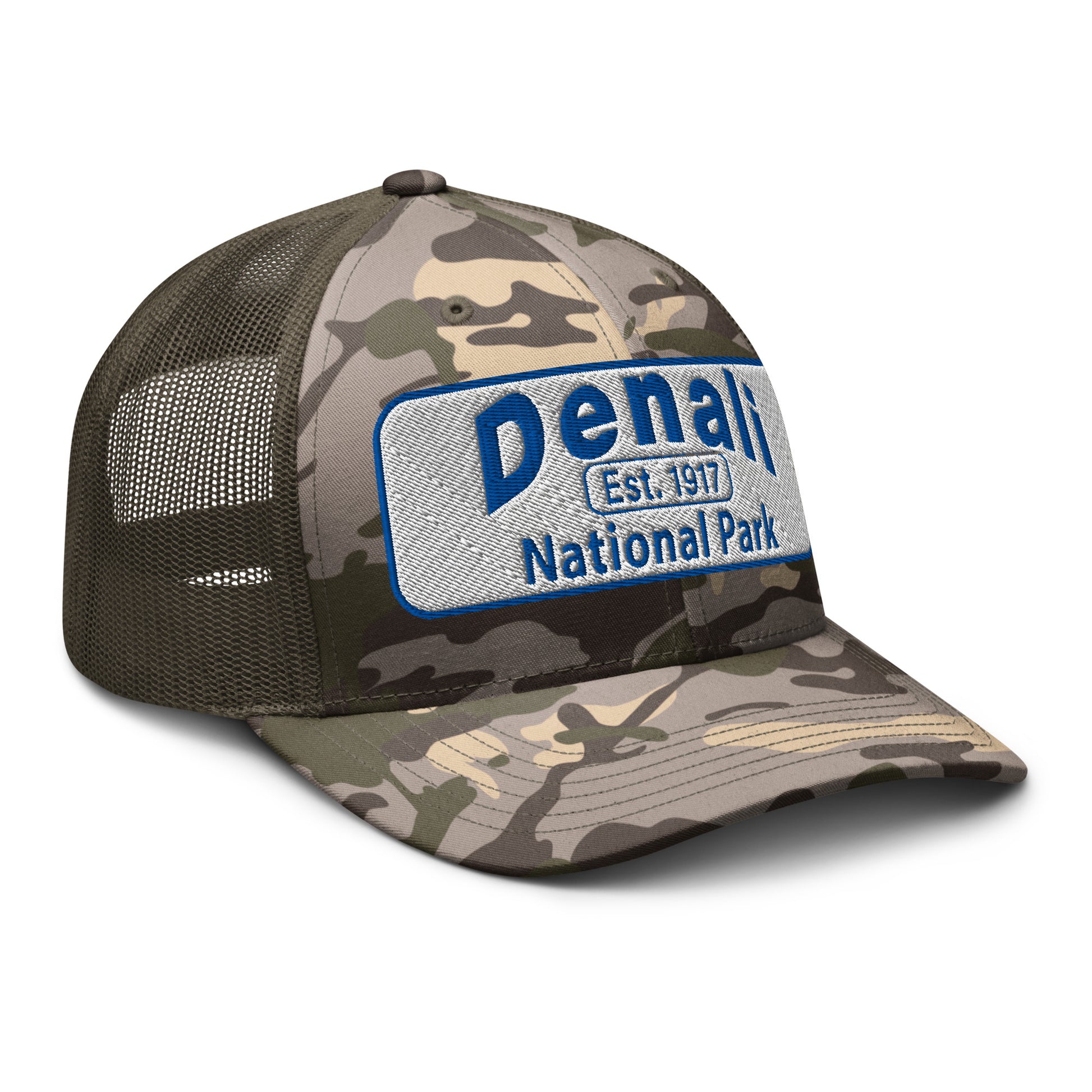 Denali National Park Camo Hat - White Blue Embroidered Denali Park Logo - Otto 105-1247 Trucker Hat - Side View - Color: Camo/Brown