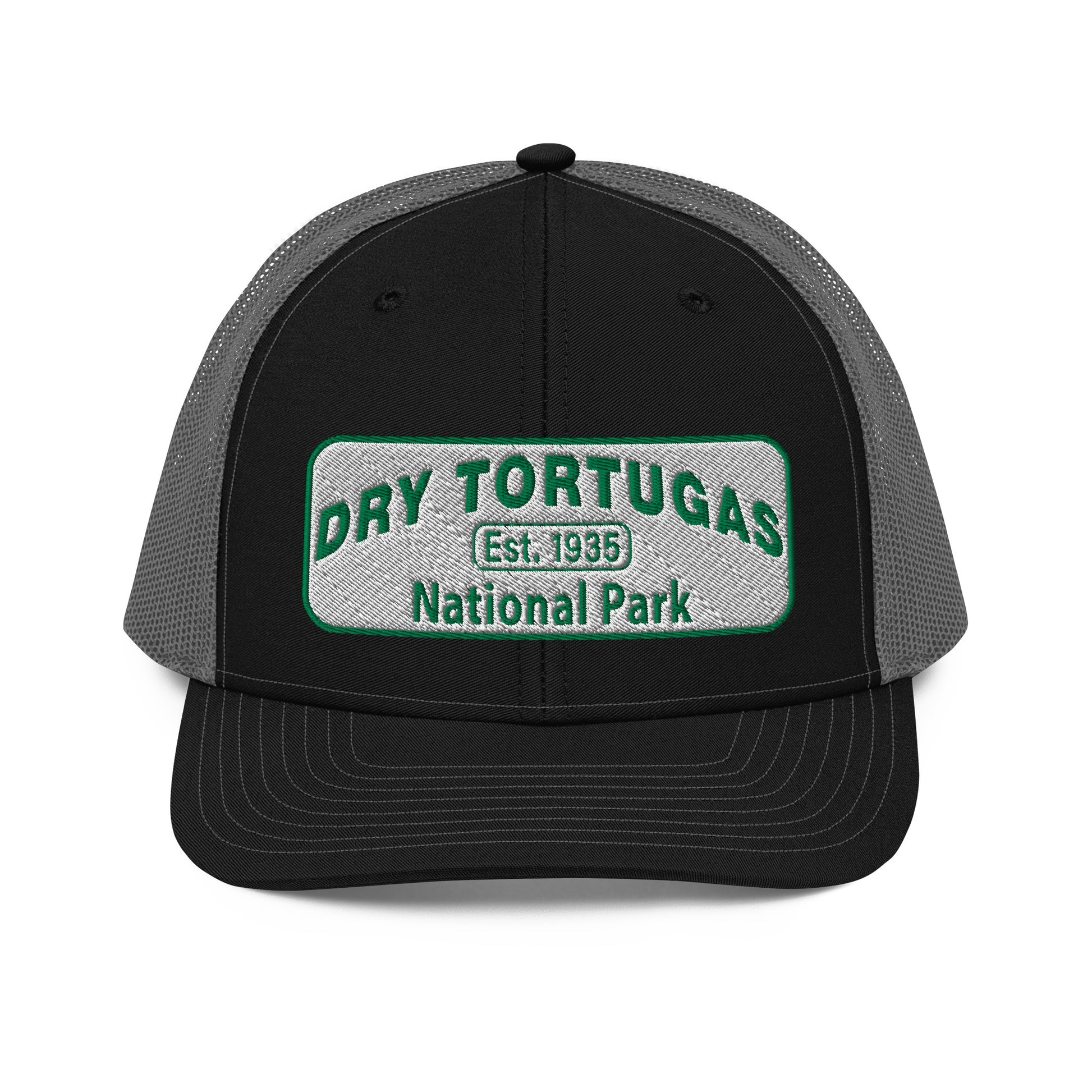Dry Tortugas National Park Hat - White and Green Embroidered patch - Richardson 112 Trucker Hat - Front View - Color: Black/Charcoal