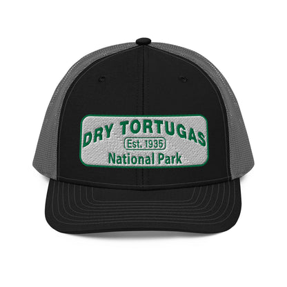 Dry Tortugas National Park Hat - White and Green Embroidered patch - Richardson 112 Trucker Hat - Front View - Color: Black/Charcoal