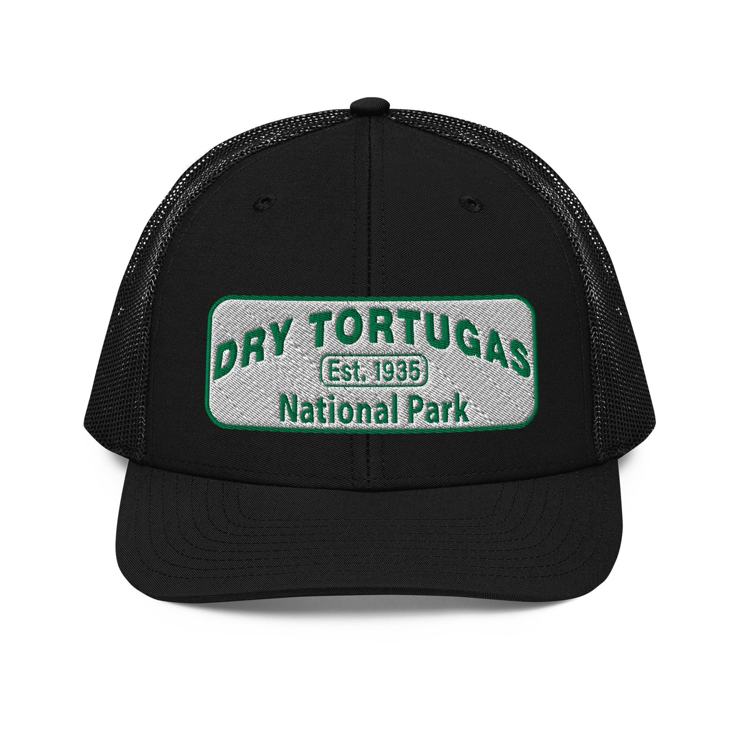 Dry Tortugas National Park Hat - White and Green Embroidered patch - Richardson 112 Trucker Hat - Front View - Color: Black