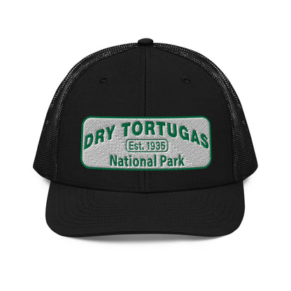 Dry Tortugas National Park Hat - White and Green Embroidered patch - Richardson 112 Trucker Hat - Front View - Color: Black