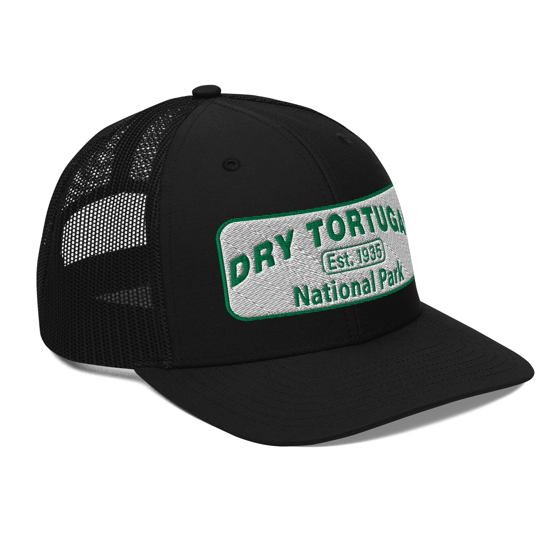 Dry Tortugas National Park Hat - White and Green Embroidered patch - Richardson 112 Trucker Hat - Side View - Color: Black