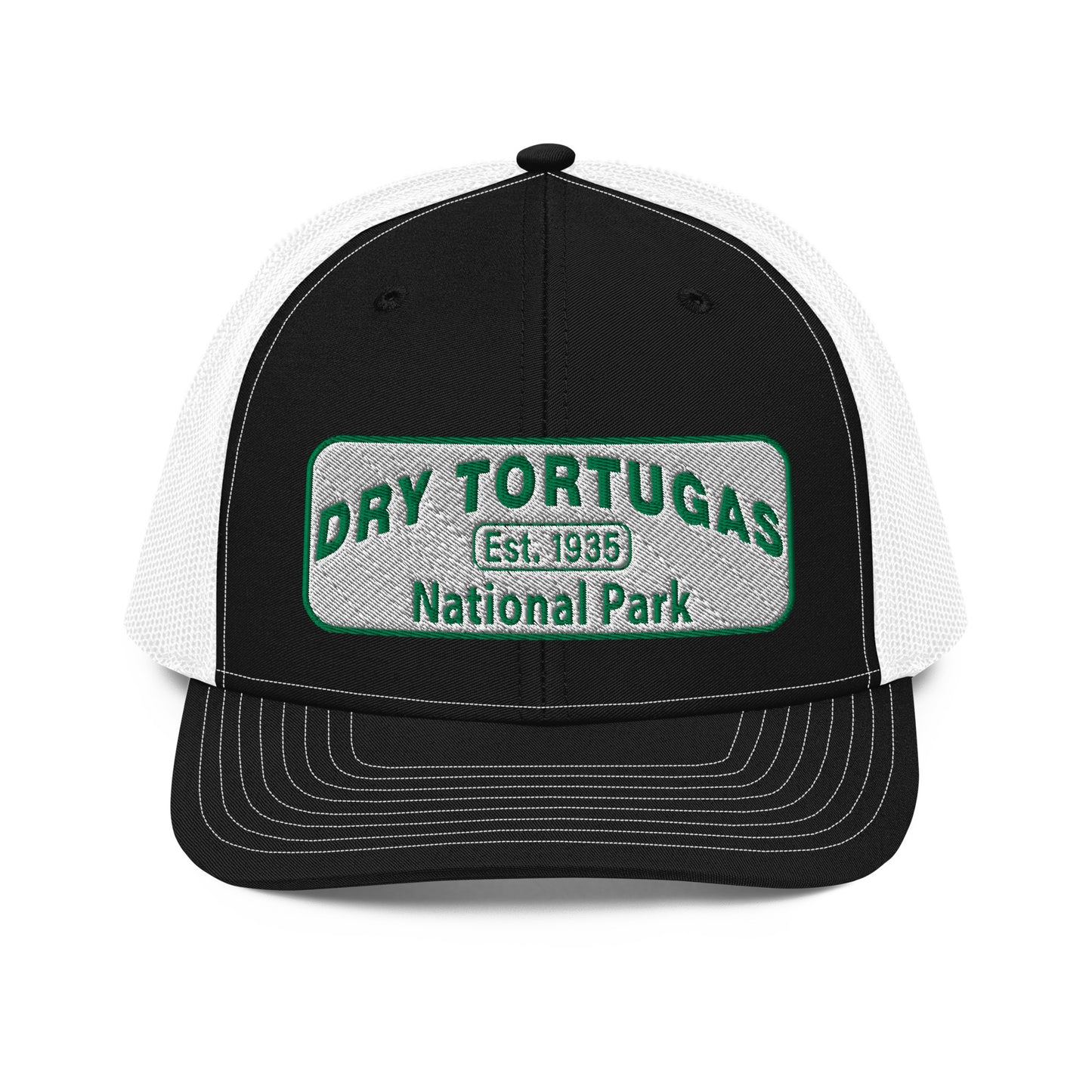 Dry Tortugas National Park Hat - White and Green Embroidered patch - Richardson 112 Trucker Hat - Front View - Color: Black/White