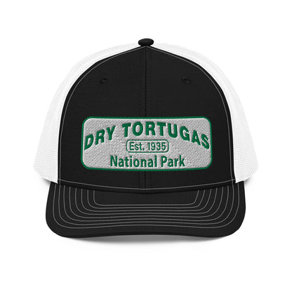 Dry Tortugas National Park Hat - White and Green Embroidered patch - Richardson 112 Trucker Hat - Front View - Color: Black/White