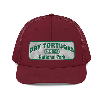 Dry Tortugas National Park Hat - White and Green Embroidered patch - Richardson 112 Trucker Hat - Front View - Color: Cardinal