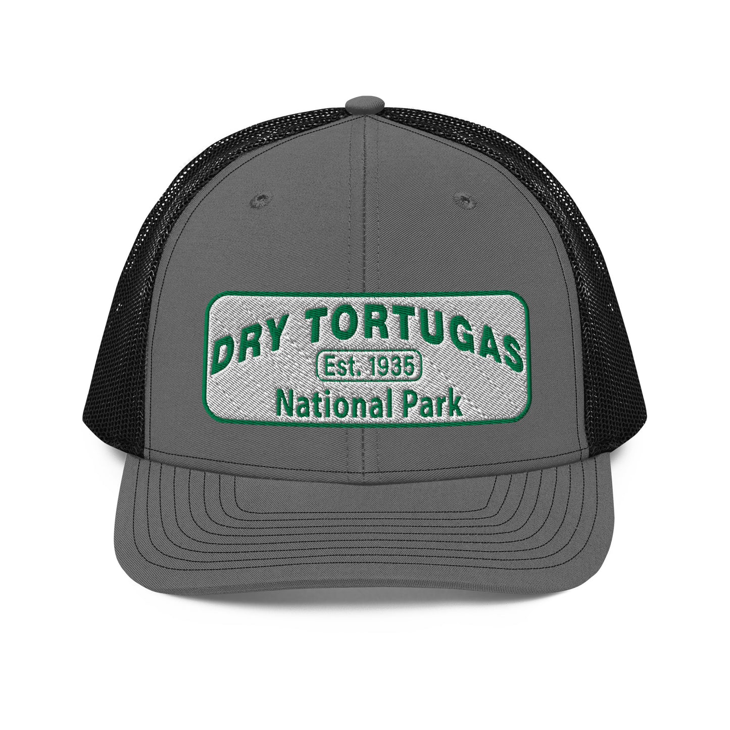 Dry Tortugas National Park Hat - White and Green Embroidered patch - Richardson 112 Trucker Hat - Front View - Color: Charcoal/Black