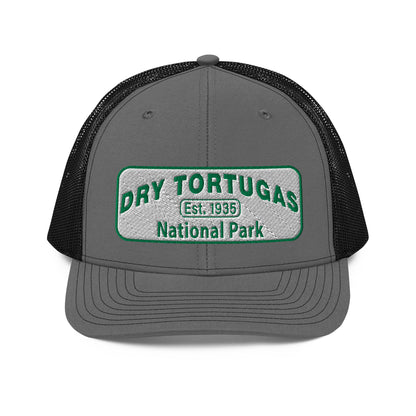 Dry Tortugas National Park Hat - White and Green Embroidered patch - Richardson 112 Trucker Hat - Front View - Color: Charcoal/Black