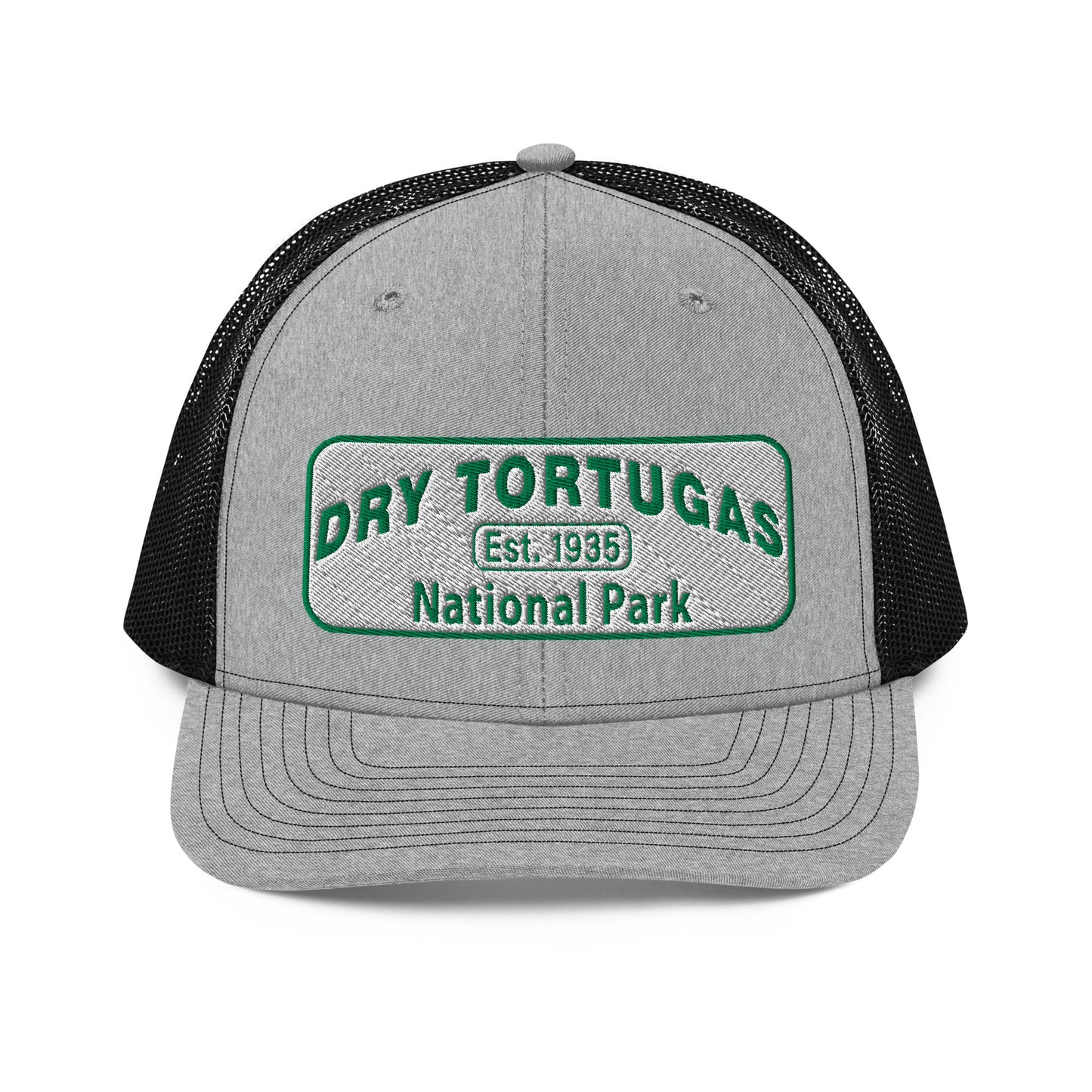 Dry Tortugas National Park Hat - White and Green Embroidered patch - Richardson 112 Trucker Hat - Front View - Color: Heather/Black