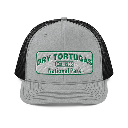 Dry Tortugas National Park Hat - White and Green Embroidered patch - Richardson 112 Trucker Hat - Front View - Color: Heather/Black